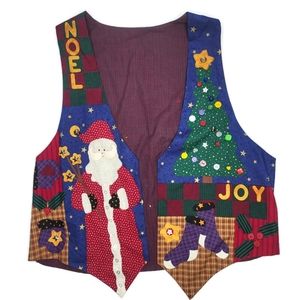Ugly Christmas sweater vest Santa snowman Christmas tree snow buttons applique